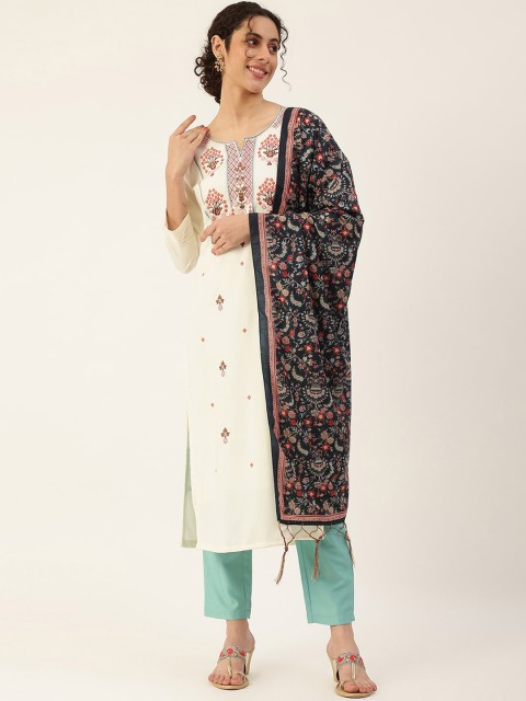

VAABA Women White Ethnic Motifs Embroidered Kurta with Trousers & With Dupatta
