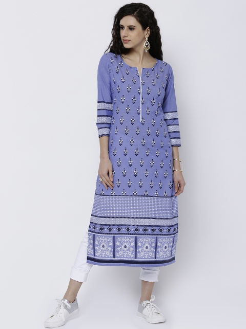 

Vishudh Women Blue & White Printed Straight Kurta