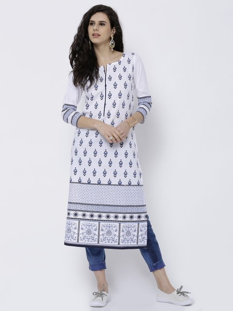 

Vishudh Women White & Blue Printed Straight Kurta