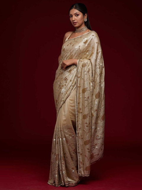 

Koskii Beige & Silver-Toned Floral Sequinned Saree