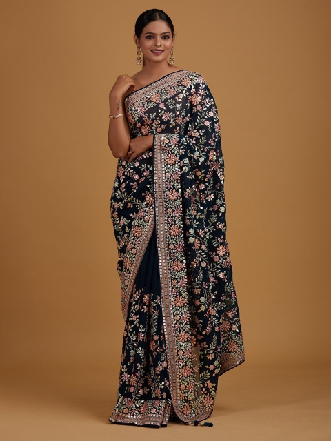 

Koskii Blue & Pink Embellished Embroidered Saree
