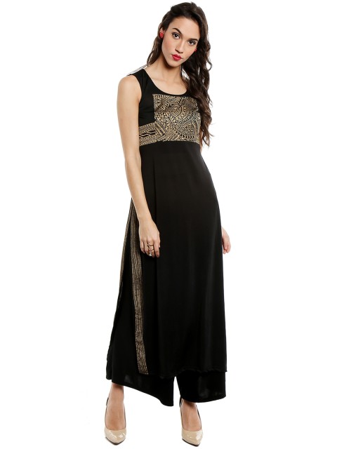 

Ira Soleil Women Black Printed Detail Straight Kurta