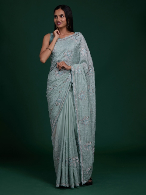 

Koskii Green & Off White Embellished Sequinned Tissue Saree