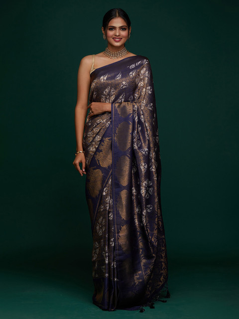 

Koskii Navy Blue & Gold-Toned Woven Design Zari Art Silk Banarasi Saree