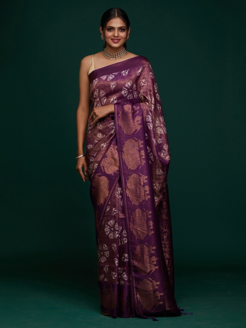 

Koskii Purple & White Floral Zari Art Silk Banarasi Saree