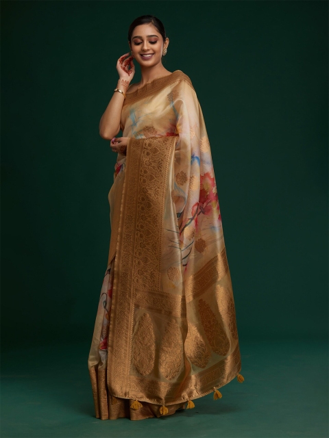 

Koskii Green & Gold-Toned Floral Zari Art Silk Saree