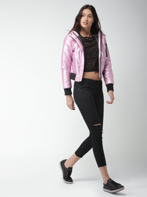 

Mast & Harbour Women Lavender Solid Metallic Hooded Bomber Jacket