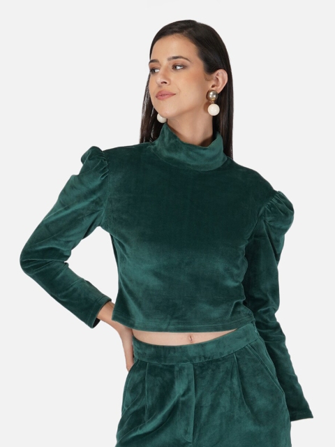 

Tinted Green Velvet High Neck Crop Top