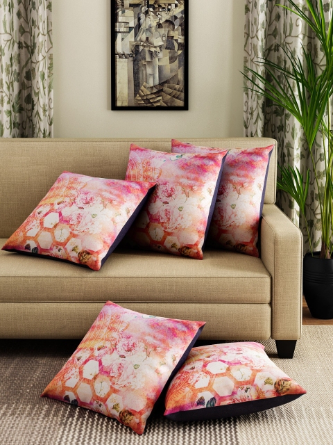 

HOUZZCODE Set of 5 Cream-Coloured & Red Printed 12" x 12" Square Cushion Covers