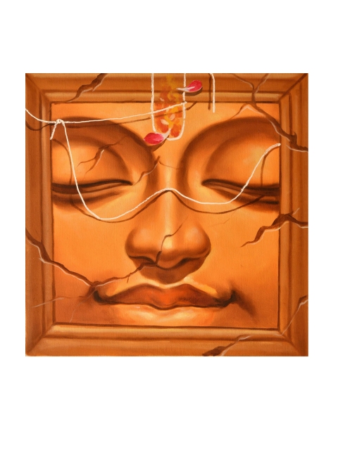 

Exotic India Orange Printed Lord Buddha Face Series Wall Art