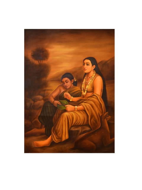 

Exotic India Beige Besotted Shakuntala At The Riverbank Painted Wall Art