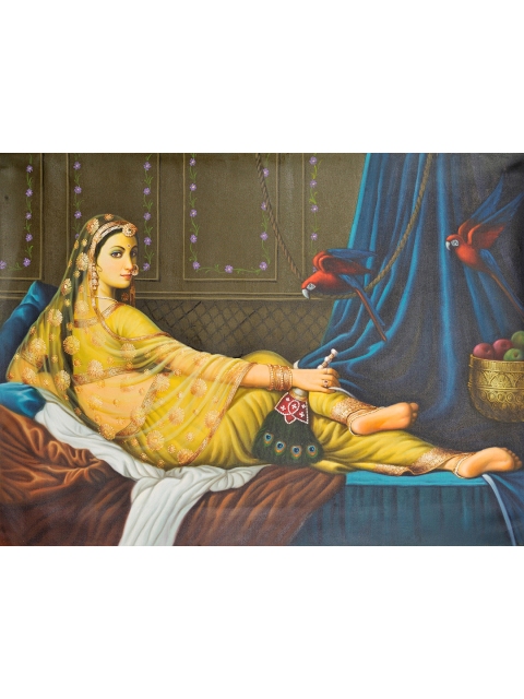 

Exotic India Gold-Toned & Blue At The Sound Of His Footsteps Hand painted Wall Art