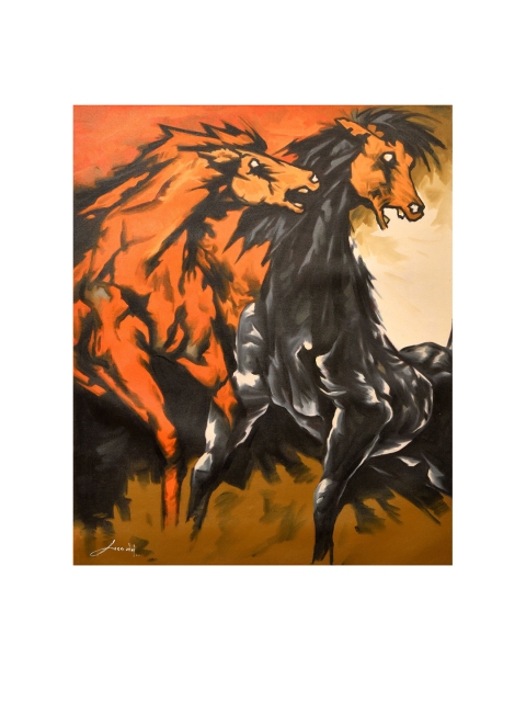 

Exotic India Black & Orange Printed Two Horses Handmade Oil Painting