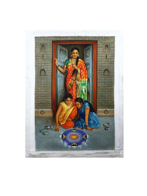 

Exotic India Red & Blue Making Rangoli Hand Painted Wall Art