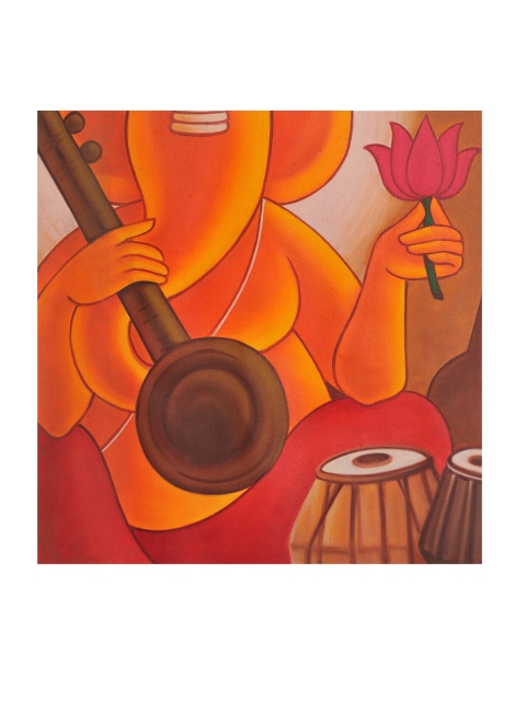 

Exotic India Orange Lord Ganesha The Musician Painted Wall Art