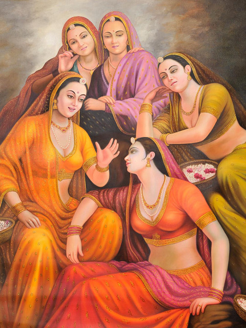 

Exotic India Yellow & Orange Printed Gossiping Ladies Canvas Painting Wall Art