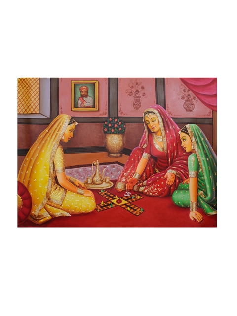 

Exotic India Red Damsels Playing Chaupara Hand Painted Wall Art