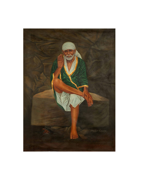 

Exotic India Beige & Green Shirdi Sai Baba Painted Wall Art