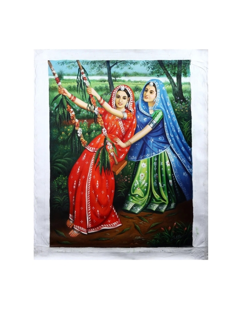 

Exotic India Green A Lady Enjoying Her Swing Painting Wall Art