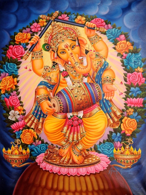 

Exotic India Red & Blue A Rich Offering of Love Hand Painted Wall Art
