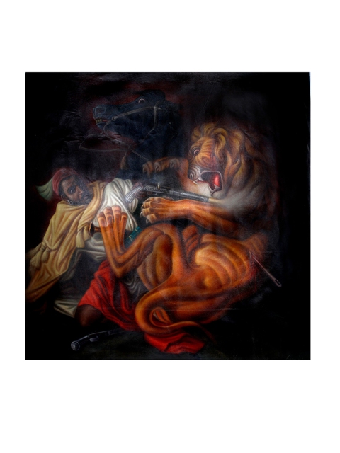 

Exotic India Brown The Hunt Of A Lion Painted Wall Art