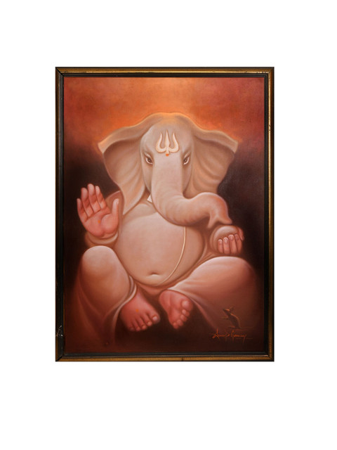 

Exotic India Red Lord Ganeshas Unstructured Halo Hand-Painted Wall Art
