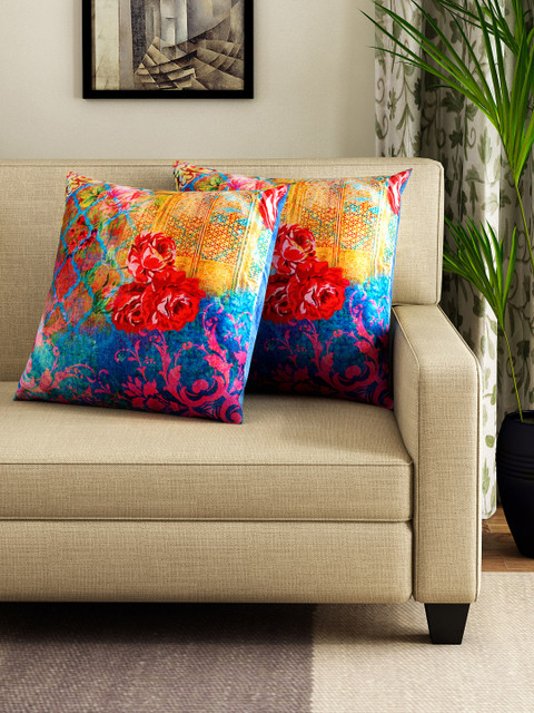 

HOUZZCODE Set of 2 Multicoloured Printed 16" x 16" Square Cushion Covers, Multi