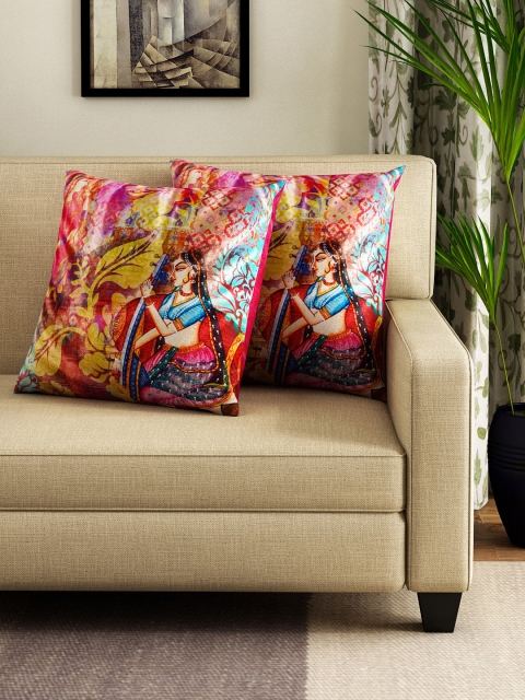 

HOUZZCODE Set of 2 Multicoloured Printed 16" x 16" Square Cushion Covers, Multi
