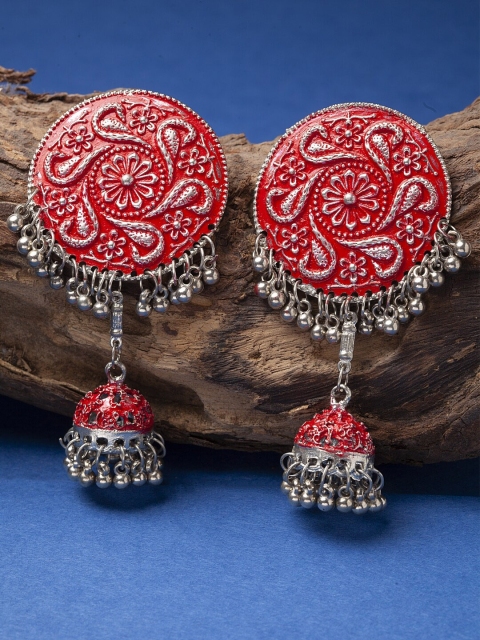 

Sangria Silver-Plated & Red Contemporary Jhumkas Earrings