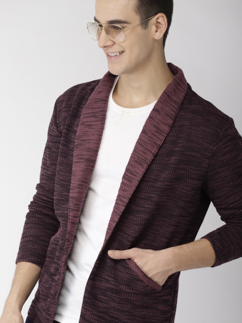 

Mast & Harbour Men Maroon Self Design Front-Open Sweater