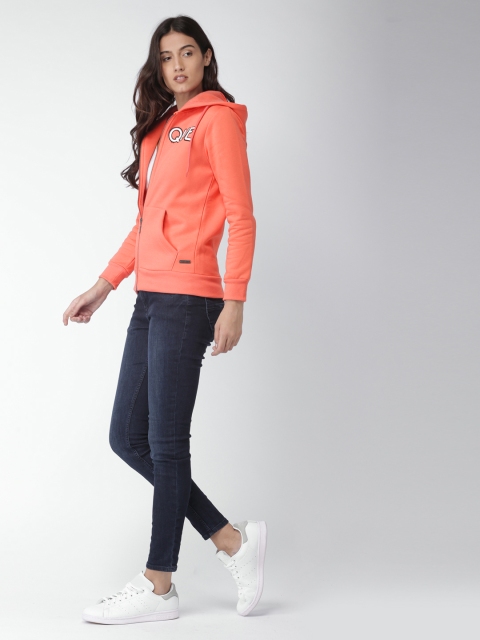 Mast & Harbour Women Coral Orange Solid Hooded Sweatshirt