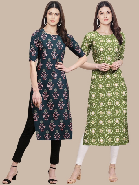 

KALINI Women Pack Of 2 Tribal Printed Block Print Handloom Crepe Kurta, Multi