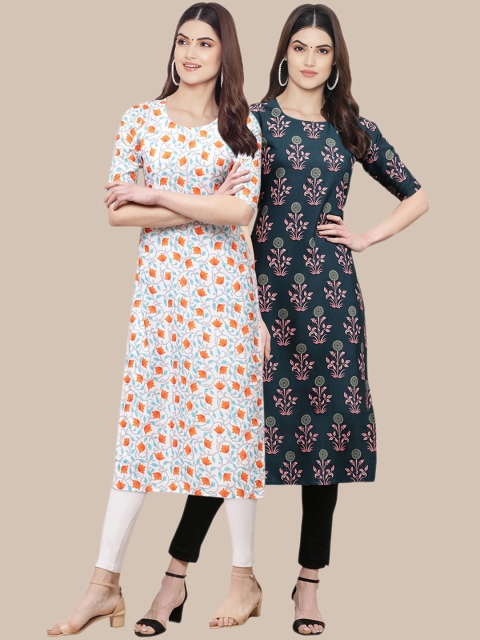 

KALINI Women Set Of 2 Teal Blue & White Floral Printed Crepe Kurta