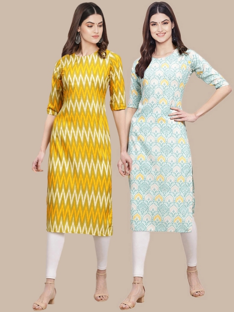 

KALINI Women Pack of 2 Yellow & Sea Green Geometric Printed Crepe Kurta