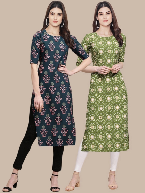 

KALINI Women Pack of 2 Teal & Green Digital Printed Crepe Straight Kurtas
