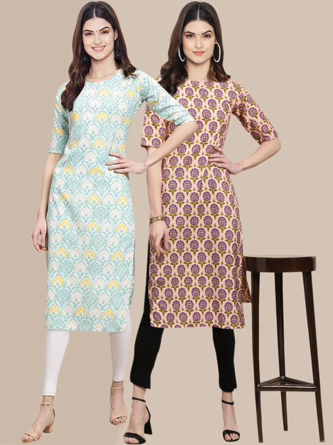 

KALINI Women Orange & Blue Ethnic Motifs Printed Crepe Pack of 2 Kurtas