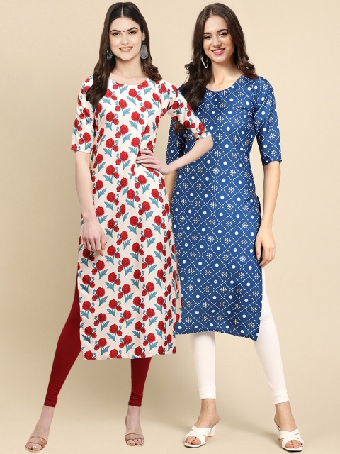 

KALINI Women Multicoloured Quirky Printed Cold-Shoulder Sleeves Block Print Handloom Crepe Kurta, Multi