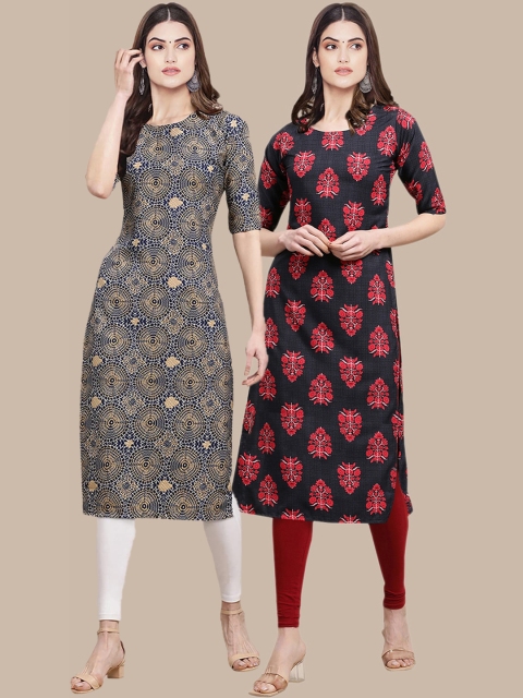 

KALINI Women Pack Of 2 Blue & Black Ethnic Motifs Printed Block Print Crepe Kurta