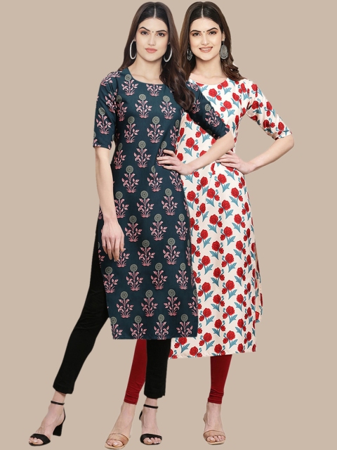 

KALINI Women Pack Of 2 Printed Block Print Summer Sheers Crepe Kurta, Olive