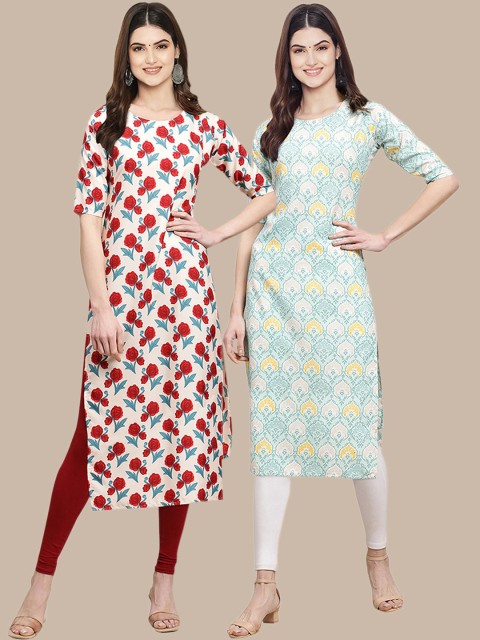 

KALINI Women Pack Of 2 Maroon & Blue Ethnic Motifs Printed Handloom Crepe Kurta