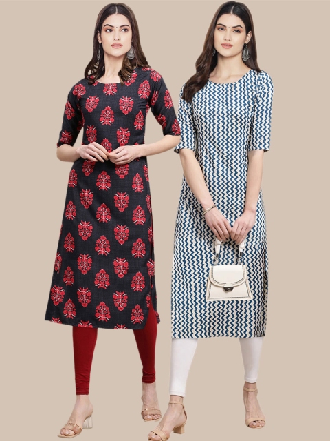 

KALINI Women Set Of 2 Navy Blue & Blue Floral Printed Crepe Kurta