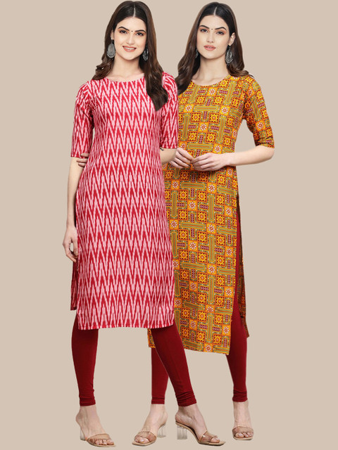 

KALINI Women Pack Of 2 Red & Mustard Yellow Ethnic Motifs Printed Handloom Crepe Kurta
