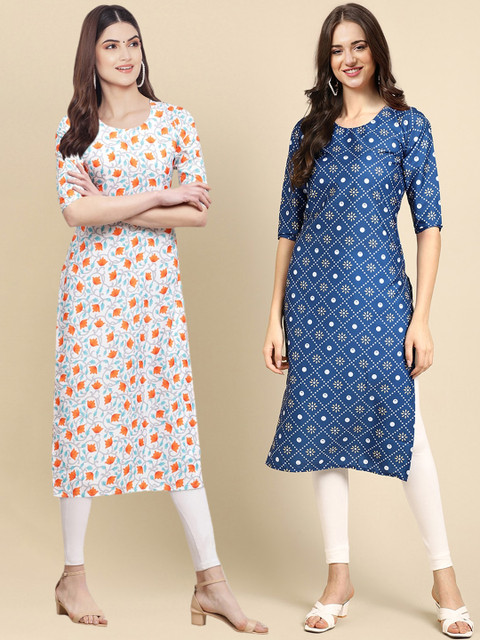 

KALINI Women Pack of 2 White & Blue Ethnic Motifs Printed Crepe Kurta