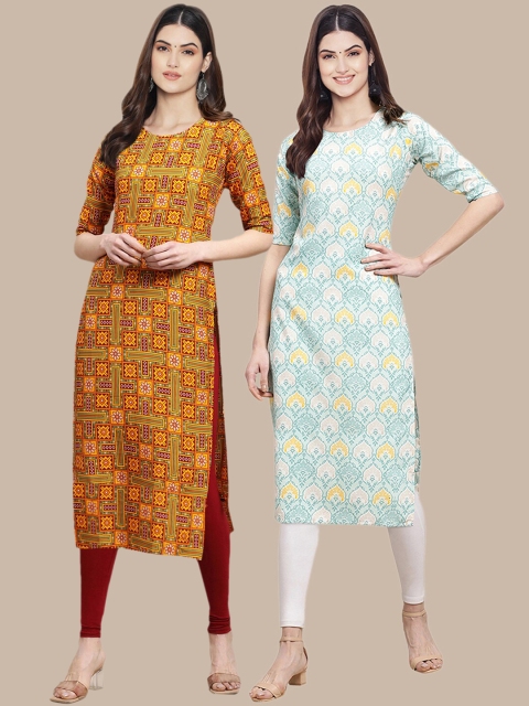 

KALINI Women Pack Of 2 Mustard Yellow & Blue Ethnic Motifs Printed Block Print Crepe Kurta