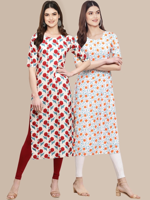 

KALINI Women Pack Of 2 Red & White Quirky Printed Crepe Kurta