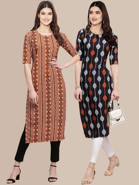 

KALINI Women Set Of 2 Mustard Yellow & Black Geometric Printed Crepe Kurta