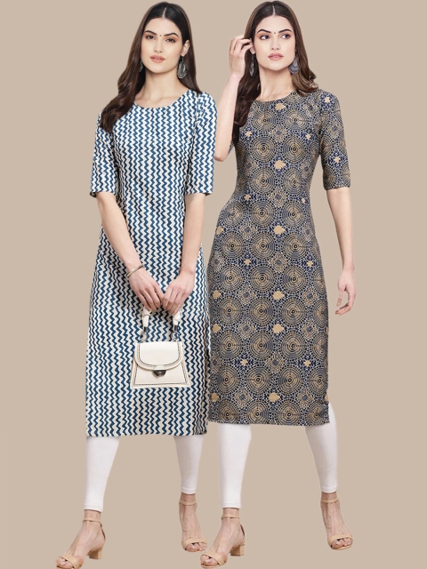 

KALINI Women's Crepe Teal & Blue Color Ethnic Motif Printed Straight Kurta (PACK OF 2)