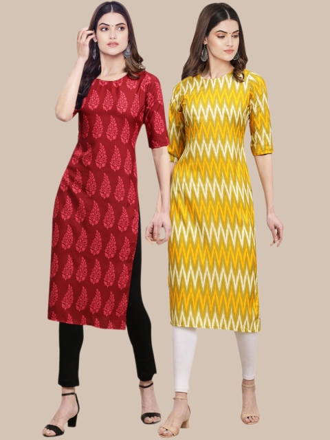 

KALINI Women Pack Of 2 Yellow & Red Ethnic Motifs Printed Block Print Crepe Kurta