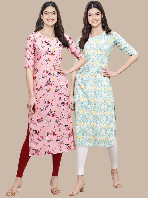 

KALINI Women Pink & Blue Floral Printed Crepe Pack of 2 Kurta