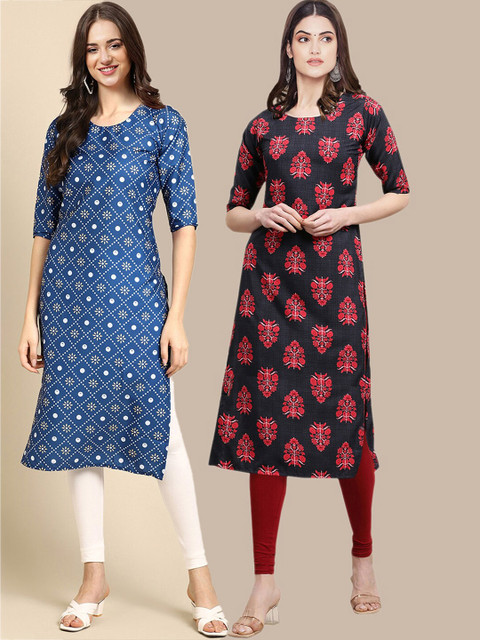 

KALINI Women Blue & Black Ethnic Motifs Printed Crepe Pack of 2 Kurtas